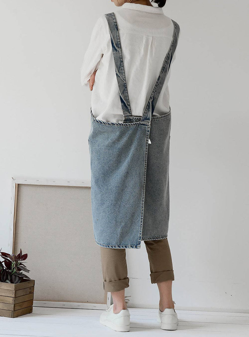 Gohobi Japanese Style Washed Denim Cotton Apron: Dark Blue Gohobi (We cover import duties)