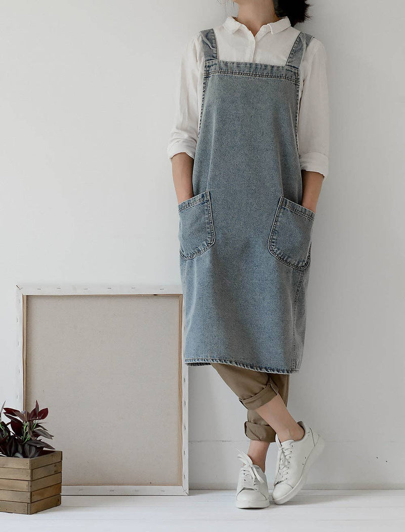 Gohobi Japanese Style Washed Denim Cotton Apron: Dark Blue Gohobi (We cover import duties)