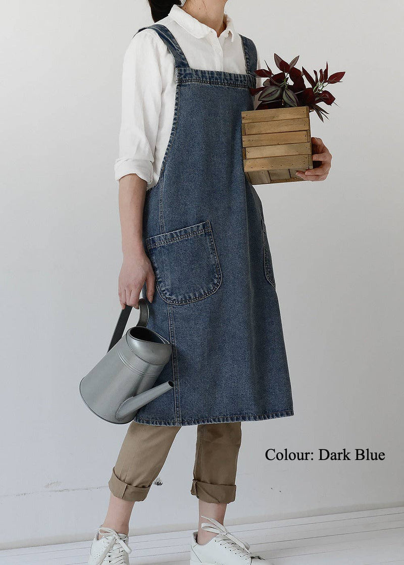 Gohobi Japanese Style Washed Denim Cotton Apron: Dark Blue Gohobi (We cover import duties)