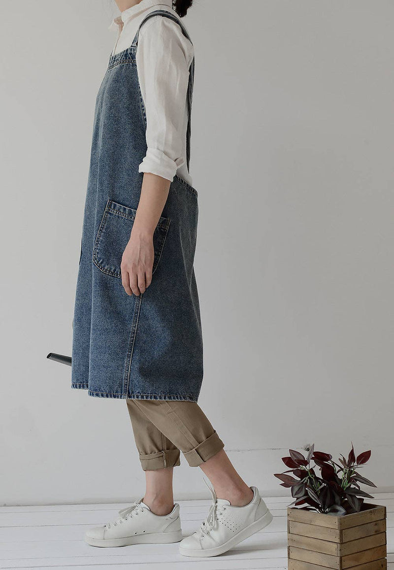 Gohobi Japanese Style Washed Denim Cotton Apron: Dark Blue Gohobi （We cover import duties）