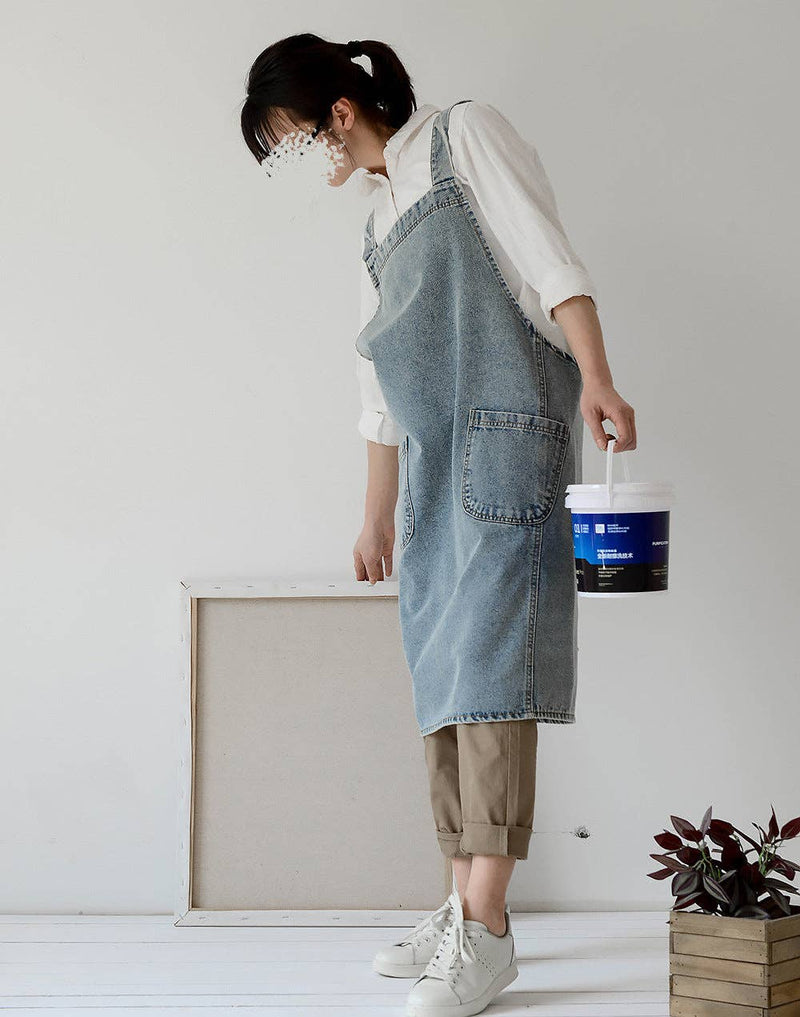 Gohobi Japanese Style Washed Denim Cotton Apron: Dark Blue Gohobi （We cover import duties）