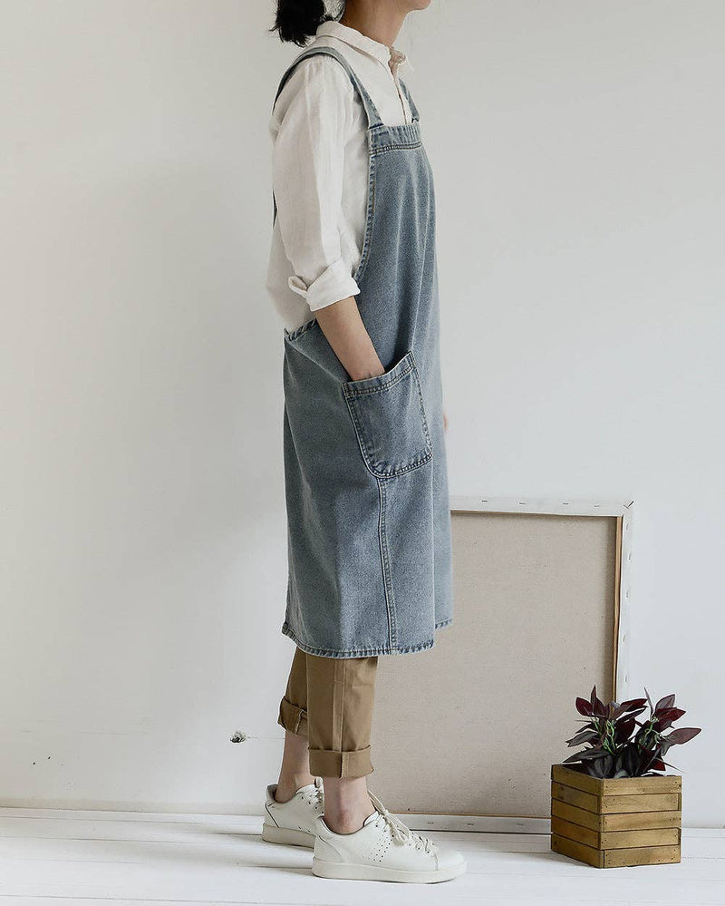 Gohobi Japanese Style Washed Denim Cotton Apron: Dark Blue Gohobi （We cover import duties）