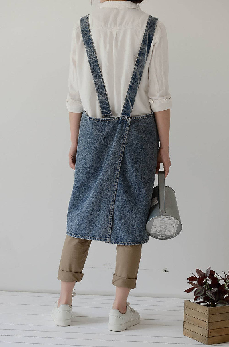 Gohobi Japanese Style Washed Denim Cotton Apron: Dark Blue Gohobi （We cover import duties）
