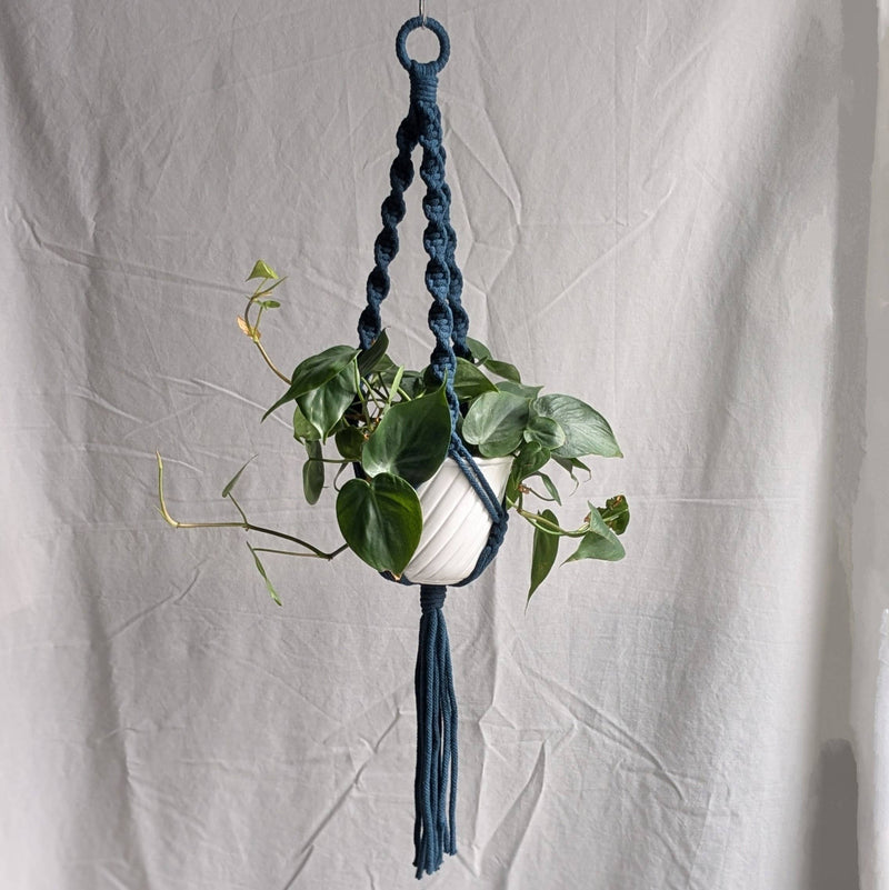 Spiral macrame plant hanger in dark teal